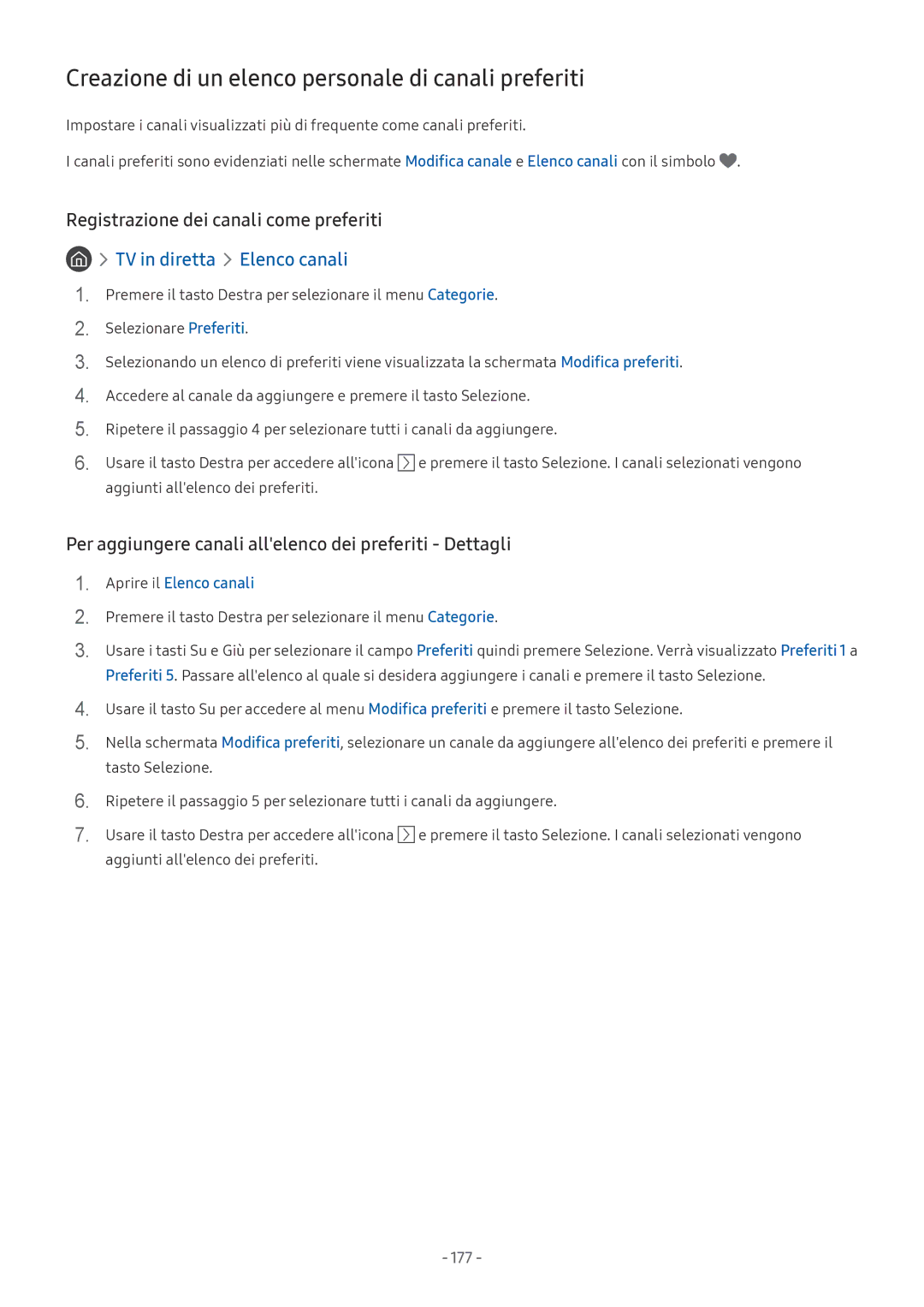Samsung UE58MU6120KXZT Creazione di un elenco personale di canali preferiti, Registrazione dei canali come preferiti, 177 