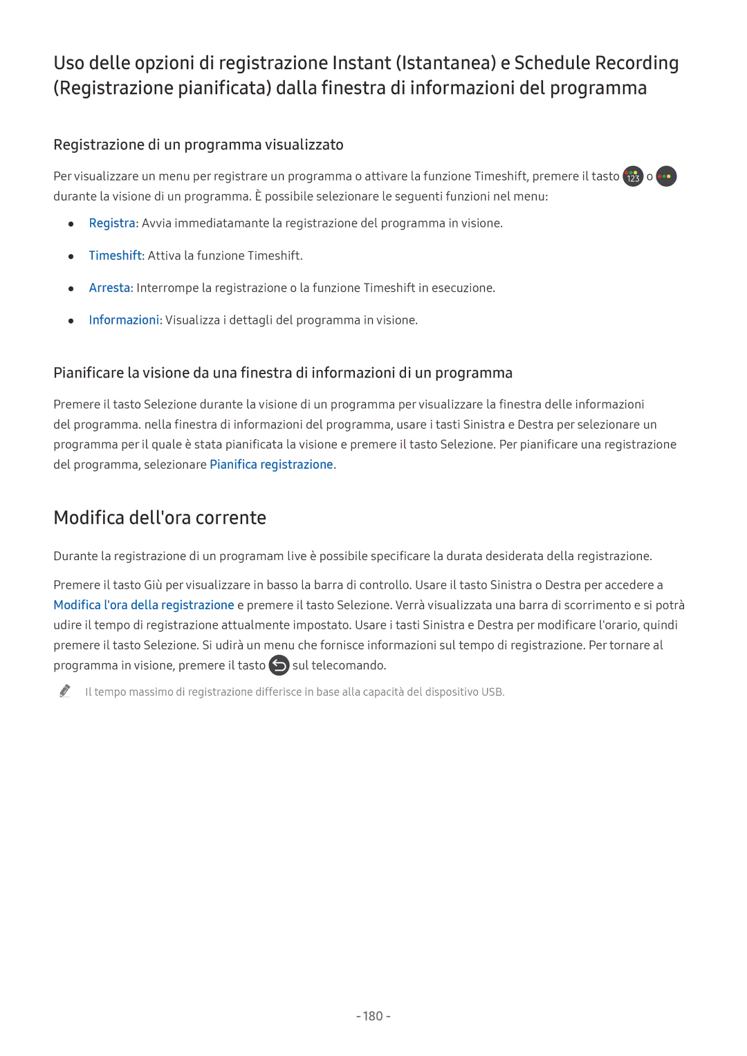 Samsung UE65NU8000TXZT, UE49NU8000TXZT manual Modifica dellora corrente, Registrazione di un programma visualizzato, 180 