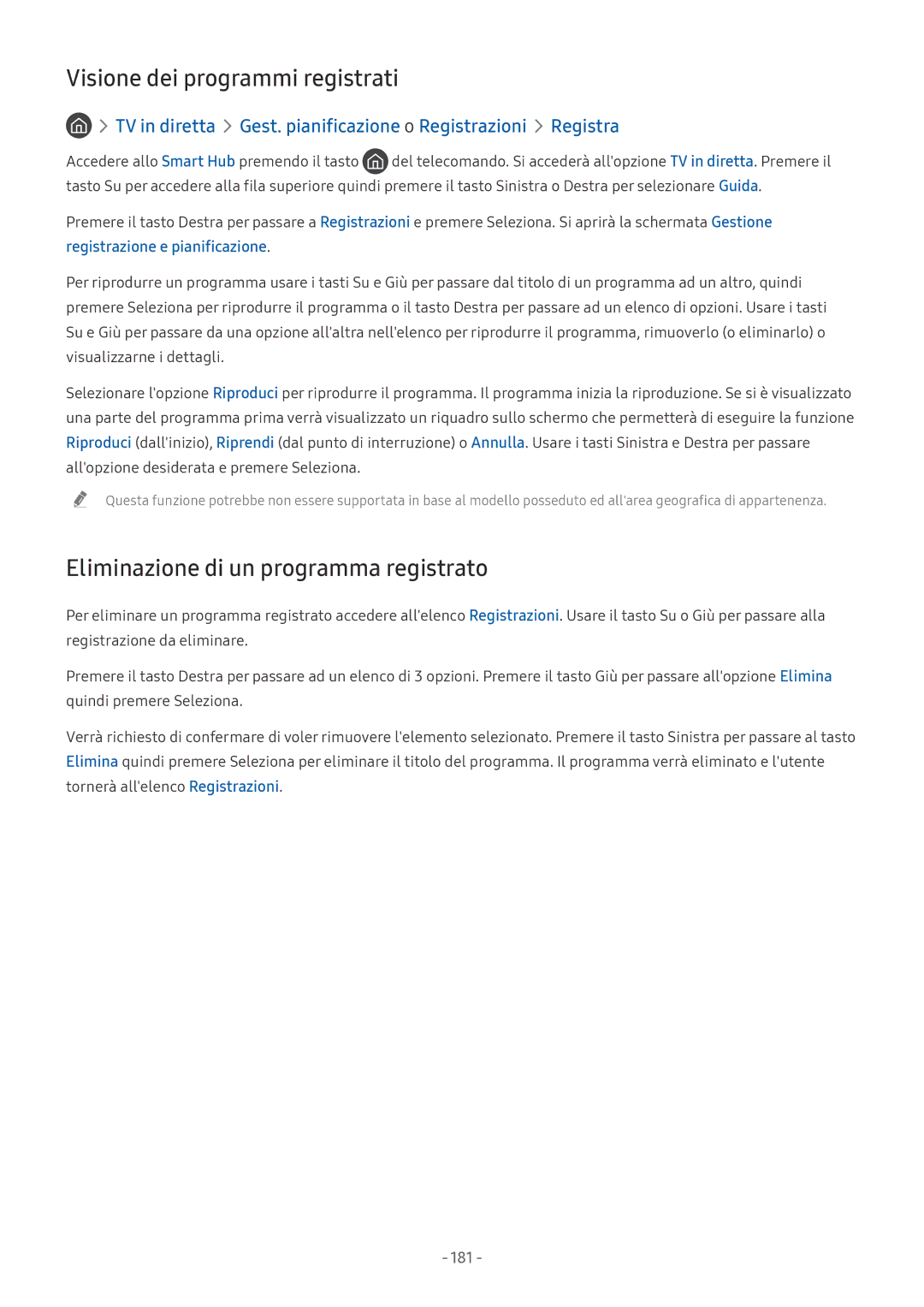 Samsung UE49NU8000TXZT, UE65NU8000TXZT, UE55NU8000TXZT, UE50MU6120KXZT manual Eliminazione di un programma registrato, 181 