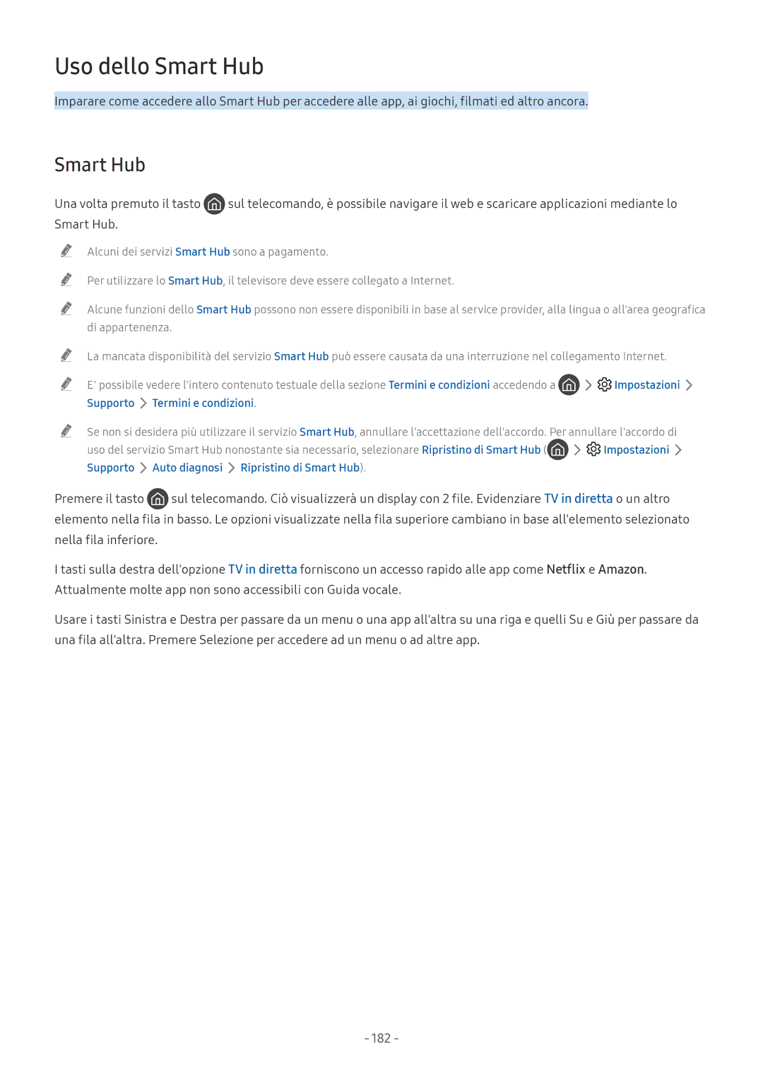 Samsung UE55NU8000TXZT, UE65NU8000TXZT, UE49NU8000TXZT, UE50MU6120KXZT manual Smart Hub, 182, Supporto Termini e condizioni 