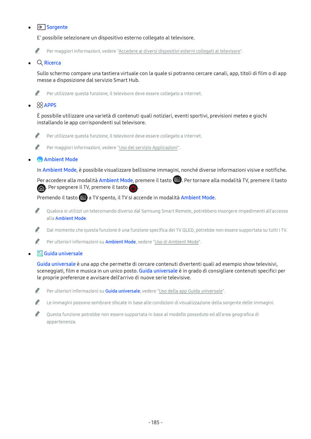 Samsung QE75Q9FNATXZT, UE65NU8000TXZT, UE49NU8000TXZT, UE55NU8000TXZT manual Sorgente, Ricerca, Apps, Guida universale, 185 