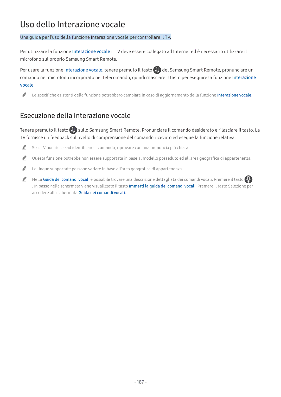 Samsung QE65Q7FNATXZT, UE65NU8000TXZT, UE49NU8000TXZT, UE55NU8000TXZT, UE50MU6120KXZT manual Uso dello Interazione vocale, 187 