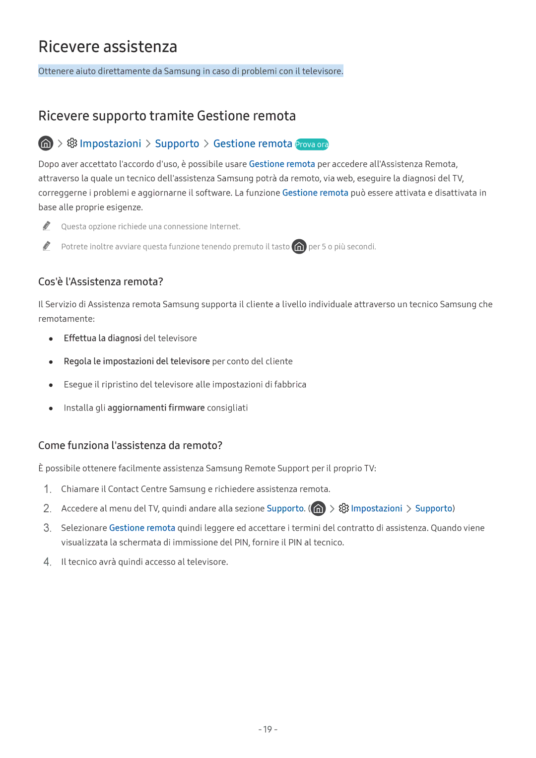 Samsung UE55NU7370UXZT manual Ricevere assistenza, Ricevere supporto tramite Gestione remota, Cosè lAssistenza remota? 