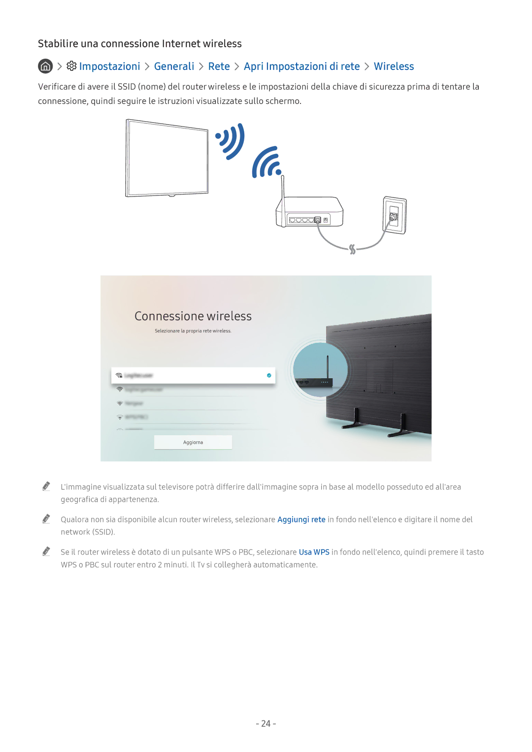 Samsung QE55Q8CNATXZT, UE65NU8000TXZT, UE49NU8000TXZT Connessione wireless, Stabilire una connessione Internet wireless 