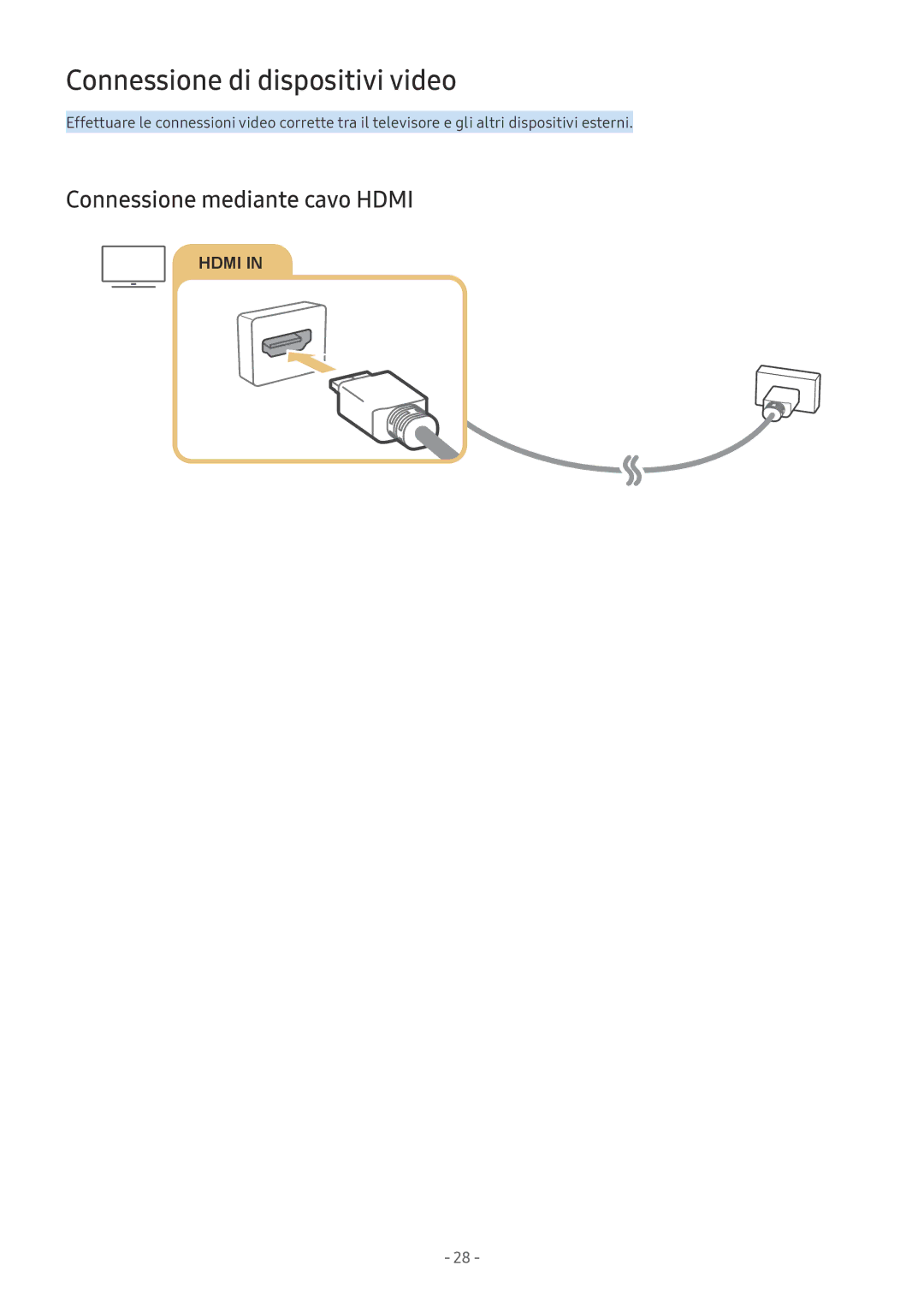 Samsung QE55Q7FNATXZT, UE65NU8000TXZT, UE49NU8000TXZT manual Connessione di dispositivi video, Connessione mediante cavo Hdmi 