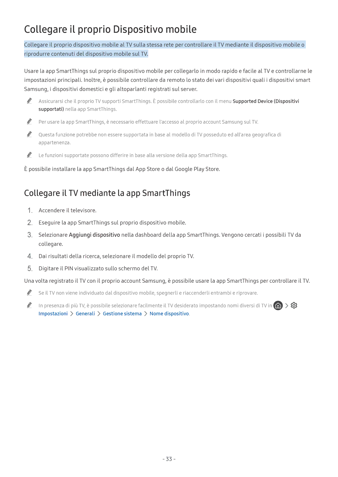 Samsung UE65NU7170UXZT, QE55Q8CNATXZT Collegare il proprio Dispositivo mobile, Collegare il TV mediante la app SmartThings 