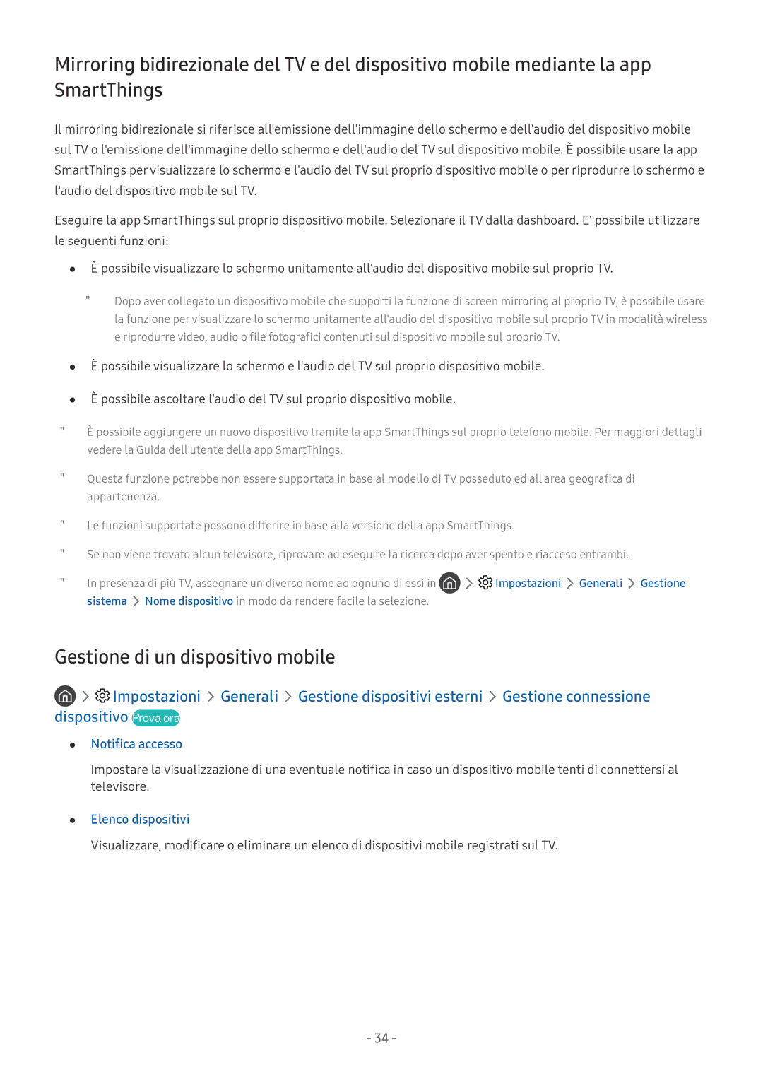 Samsung UE55NU7170UXZT, UE65NU8000TXZT manual Gestione di un dispositivo mobile, Notifica accesso, Elenco dispositivi 