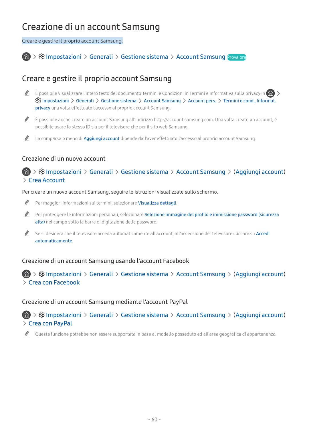 Samsung UE65NU8000TXZT, UE49NU8000TXZT manual Creazione di un account Samsung, Creare e gestire il proprio account Samsung 