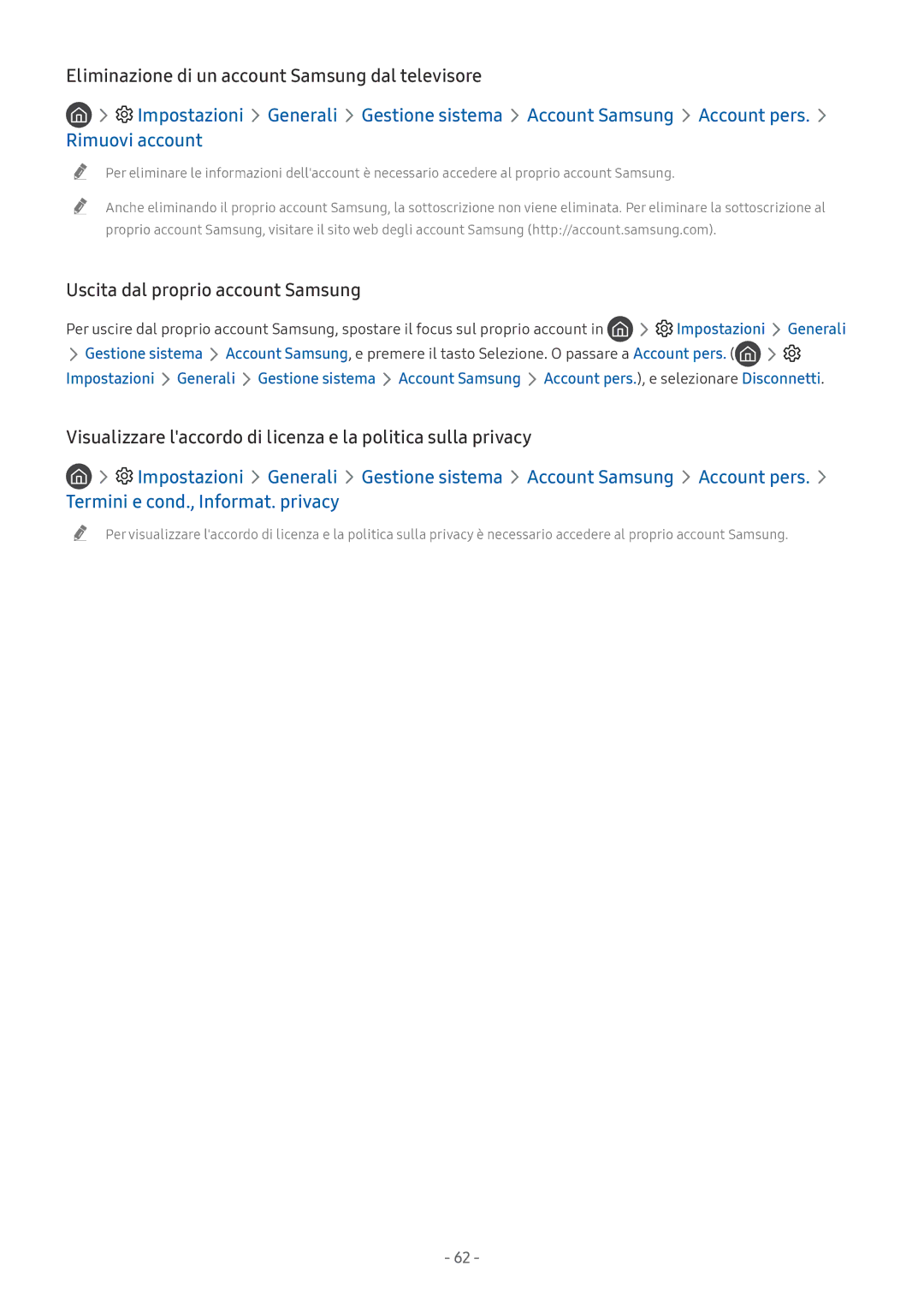 Samsung UE55NU8000TXZT manual Eliminazione di un account Samsung dal televisore, Uscita dal proprio account Samsung 