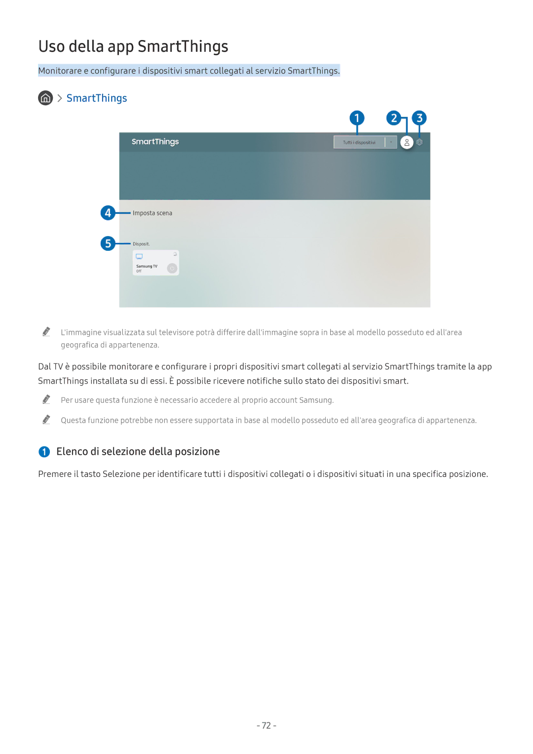 Samsung QE65Q6FAMTXZT, UE65NU8000TXZT, UE49NU8000TXZT manual Uso della app SmartThings,  Elenco di selezione della posizione 