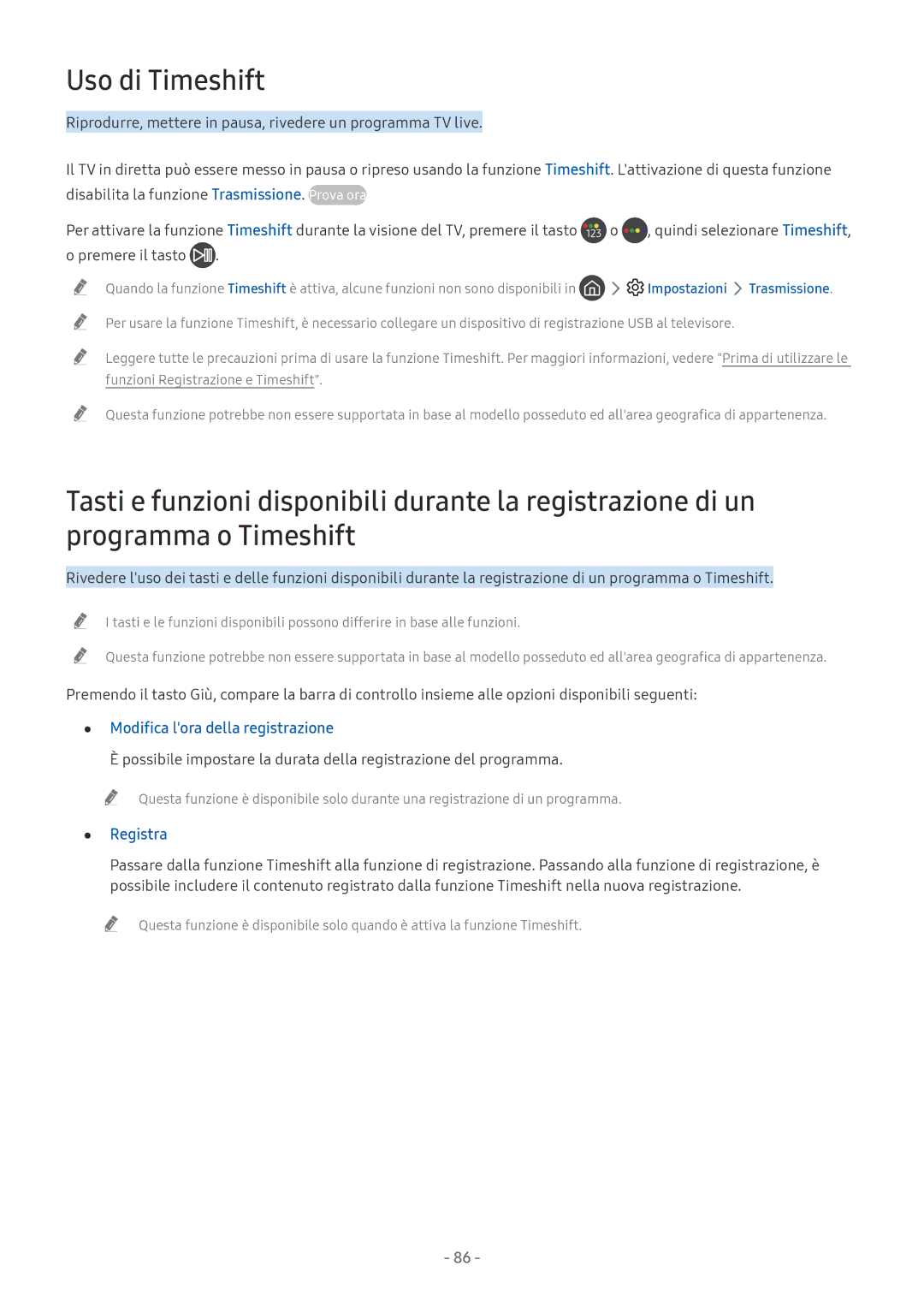 Samsung QE65Q8CNATXZT manual Uso di Timeshift, Modifica lora della registrazione, Registra, Impostazioni Trasmissione 