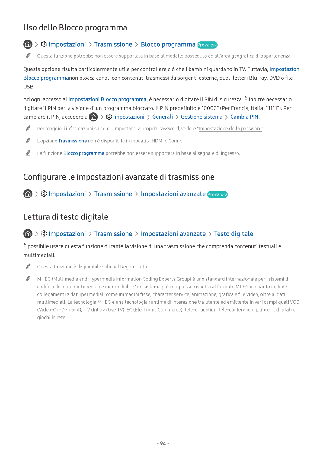 Samsung UE55NU7170UXZT, UE65NU8000TXZT Uso dello Blocco programma, Configurare le impostazioni avanzate di trasmissione 