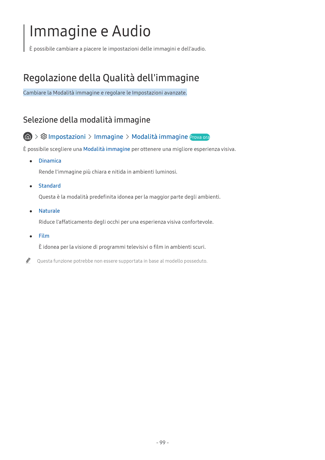 Samsung UE55NU7370UXZT, UE65NU8000TXZT manual Regolazione della Qualità dellimmagine, Selezione della modalità immagine 