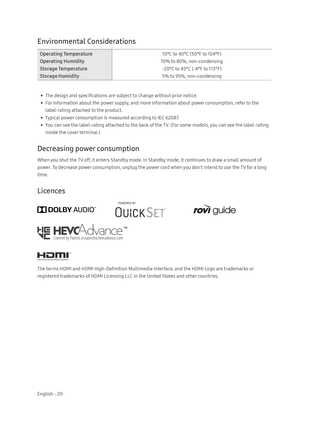 Samsung UE55NU8000TXZT, UE65NU8000TXZT, UE49NU8000TXZT Environmental Considerations, Decreasing power consumption, Licences 