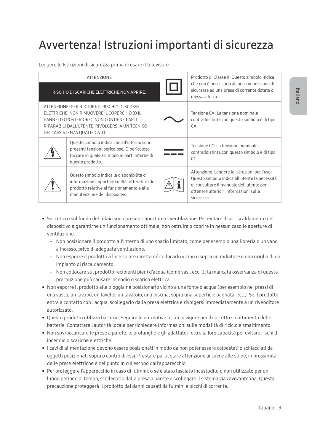 Samsung UE55NU8000TXZT, UE65NU8000TXZT, UE49NU8000TXZT manual Avvertenza! Istruzioni importanti di sicurezza 