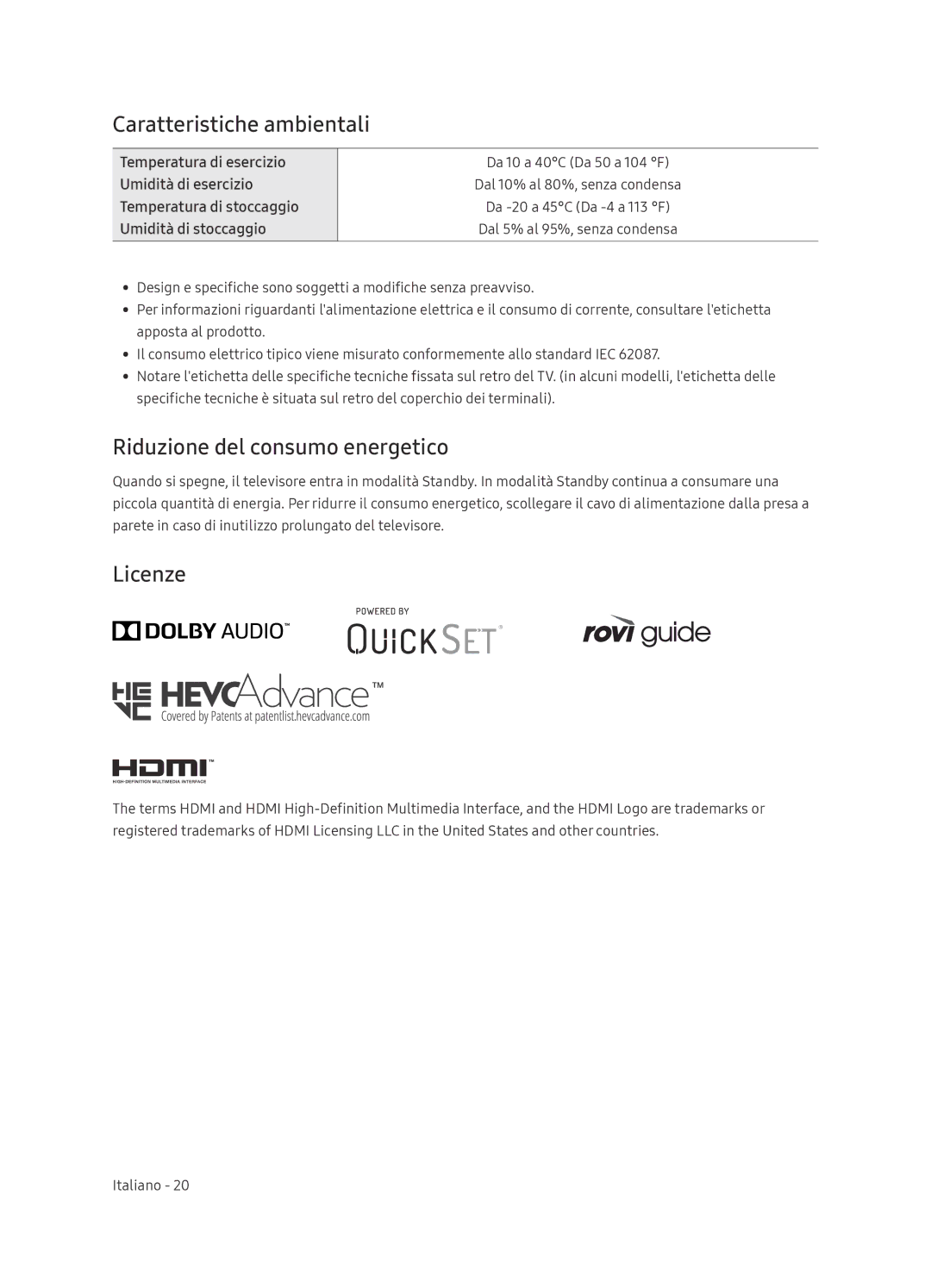 Samsung UE49NU8000TXZT, UE65NU8000TXZT manual Caratteristiche ambientali, Riduzione del consumo energetico, Licenze 