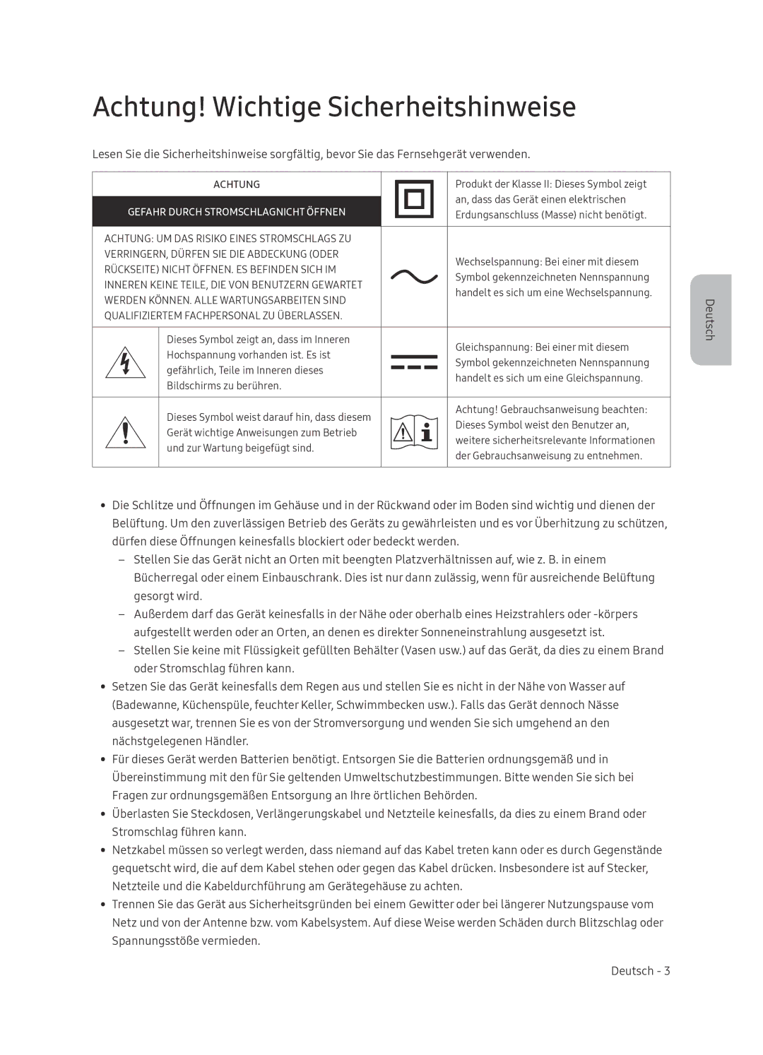 Samsung UE65NU8000TXZT, UE49NU8000TXZT manual Achtung! Wichtige Sicherheitshinweise, Gefahr Durch Stromschlagnicht Öffnen 