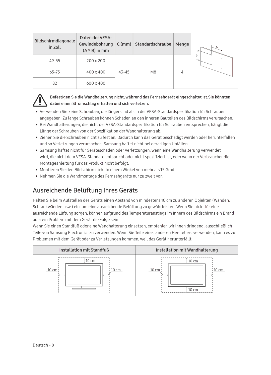 Samsung UE55NU8000TXZT, UE65NU8000TXZT, UE49NU8000TXZT manual Ausreichende Belüftung Ihres Geräts, Daten der Vesa, Zoll 