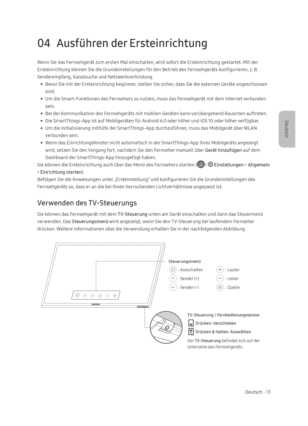 Samsung UE49NU8000TXZT, UE65NU8000TXZT, UE55NU8000TXZT manual Ausführen der Ersteinrichtung, Verwenden des TV-Steuerungs 