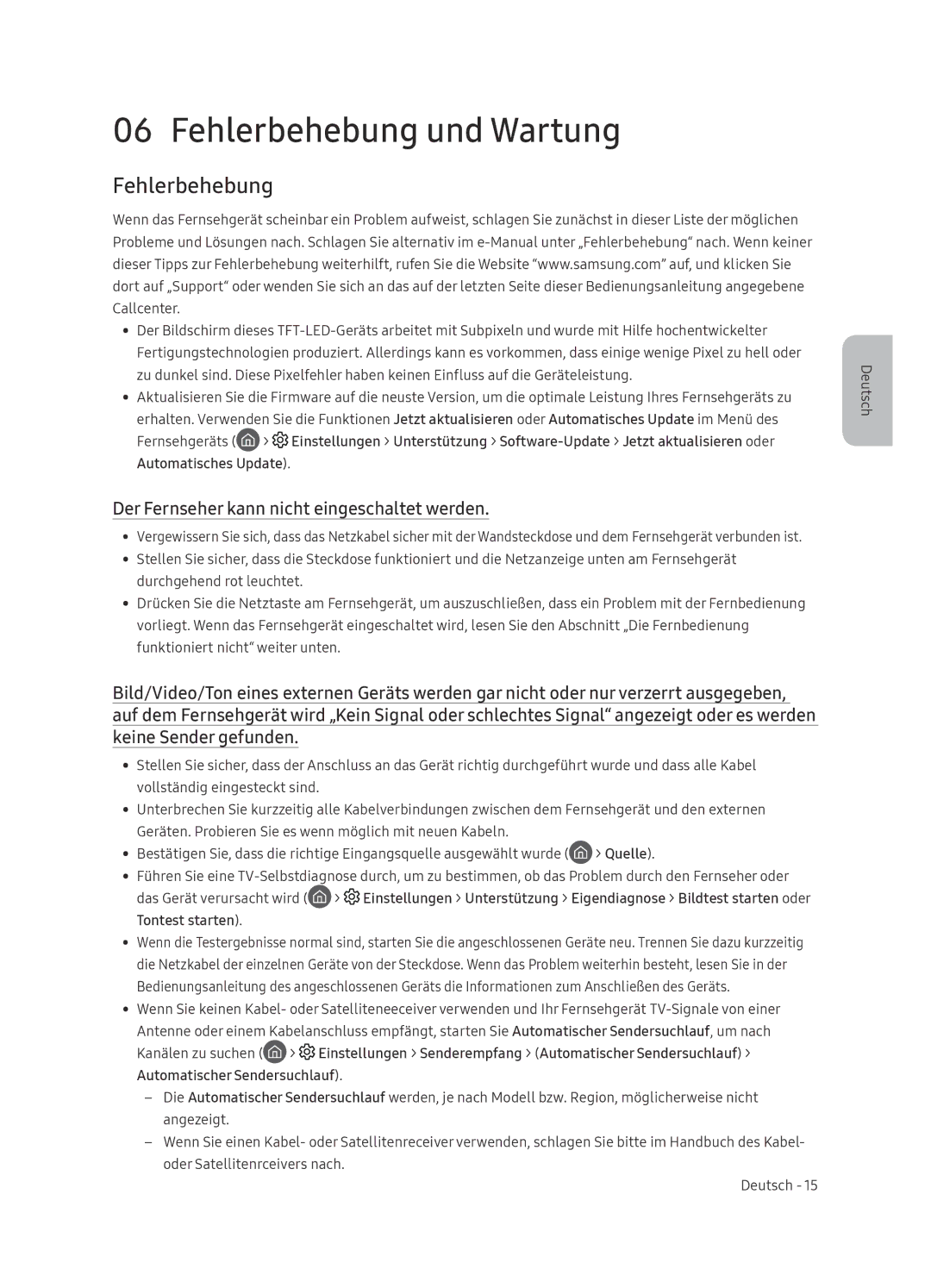 Samsung UE65NU8000TXZT, UE49NU8000TXZT manual Fehlerbehebung und Wartung, Der Fernseher kann nicht eingeschaltet werden 