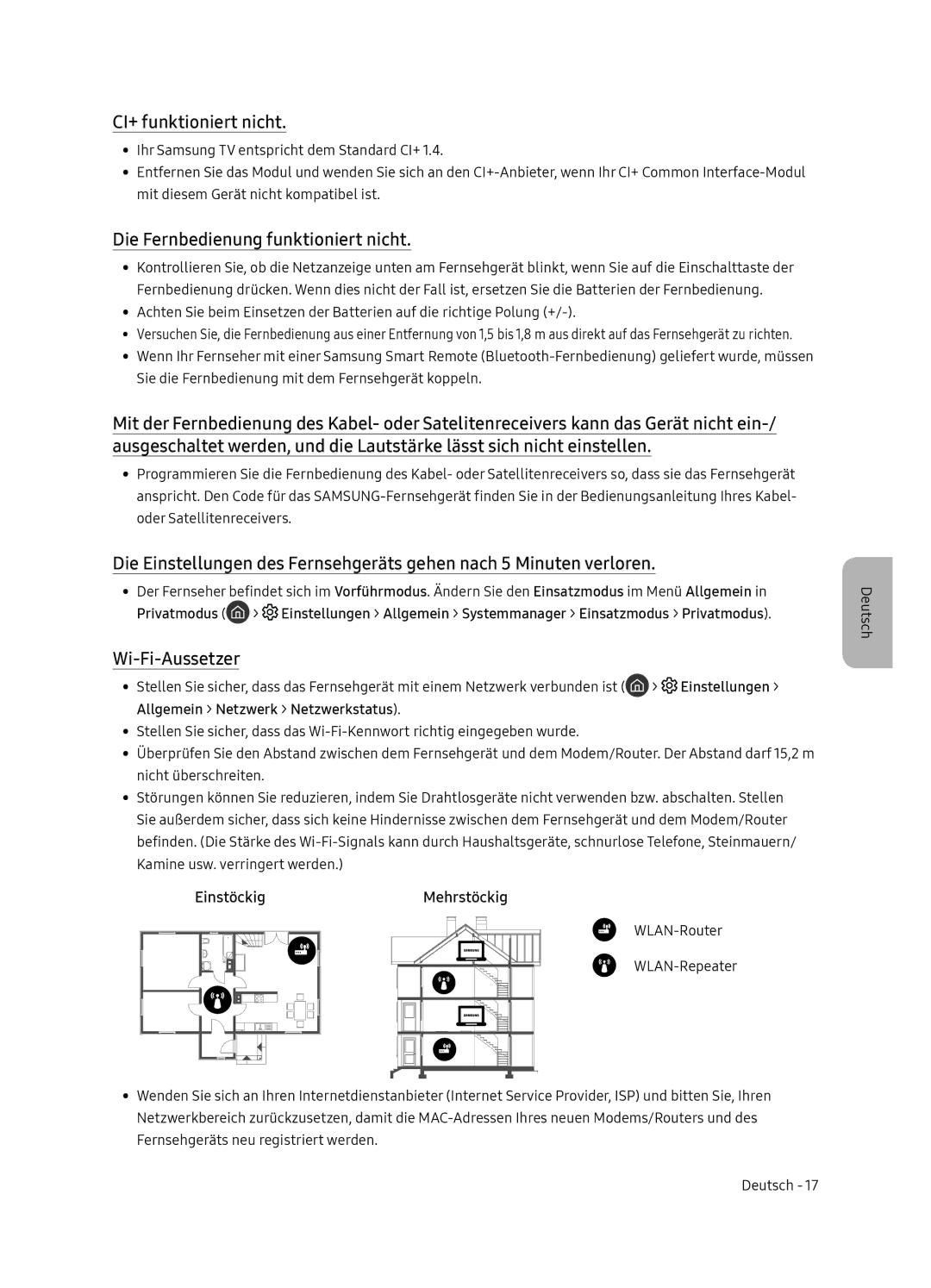 Samsung UE65NU8075TXXC, UE55NU8075TXXC manual CI+ funktioniert nicht, Die Fernbedienung funktioniert nicht, Wi-Fi-Aussetzer 