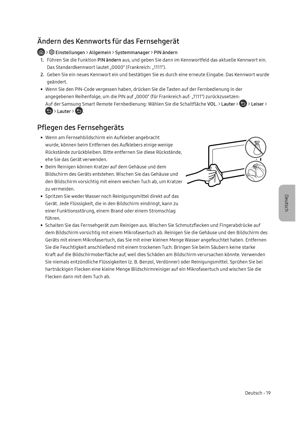 Samsung UE55NU8045TXXC, UE65NU8075TXXC manual Ändern des Kennworts für das Fernsehgerät, Pflegen des Fernsehgeräts, Lauter 