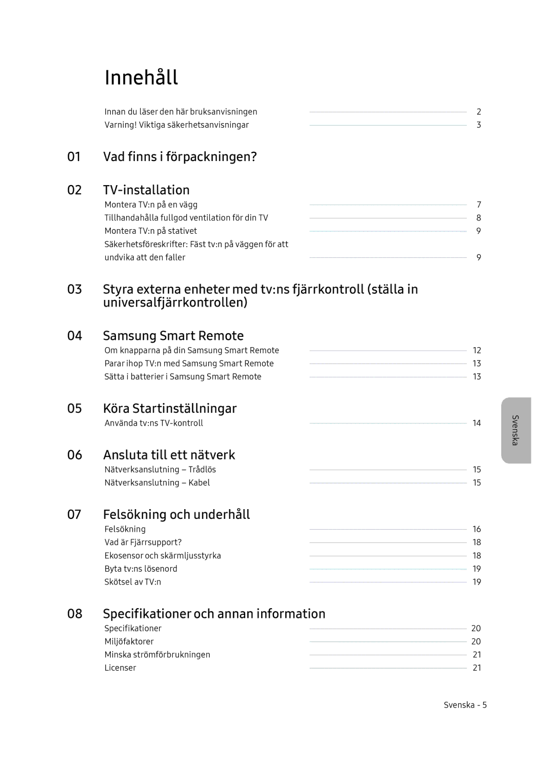 Samsung UE65NU8075TXXC, UE55NU8075TXXC, UE55NU8045TXXC, UE65NU8045TXXC, UE49NU8045TXXC manual Innehåll 