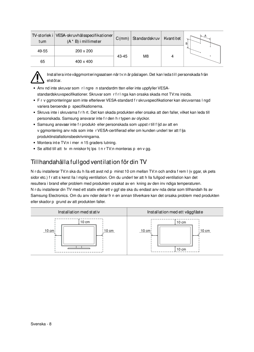 Samsung UE65NU8045TXXC, UE65NU8075TXXC manual Tillhandahålla fullgod ventilation för din TV, Kvantitet, Tum, I millimeter 