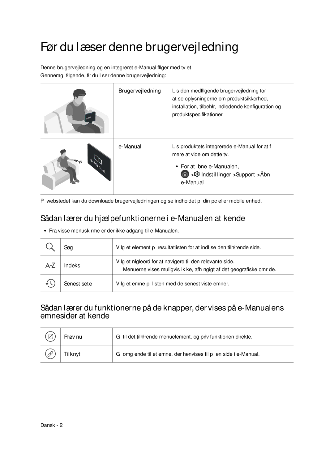 Samsung UE49NU8045TXXC manual Før du læser denne brugervejledning, Sådan lærer du hjælpefunktionerne i e-Manualen at kende 