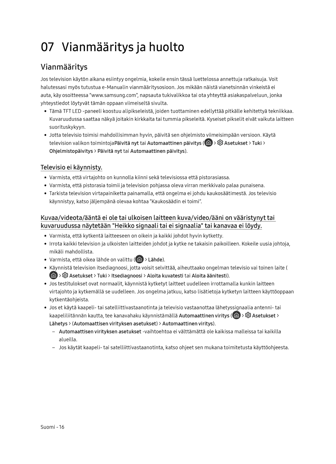 Samsung UE55NU8045TXXC, UE65NU8075TXXC, UE55NU8075TXXC, UE65NU8045TXXC manual Vianmääritys ja huolto, Televisio ei käynnisty 