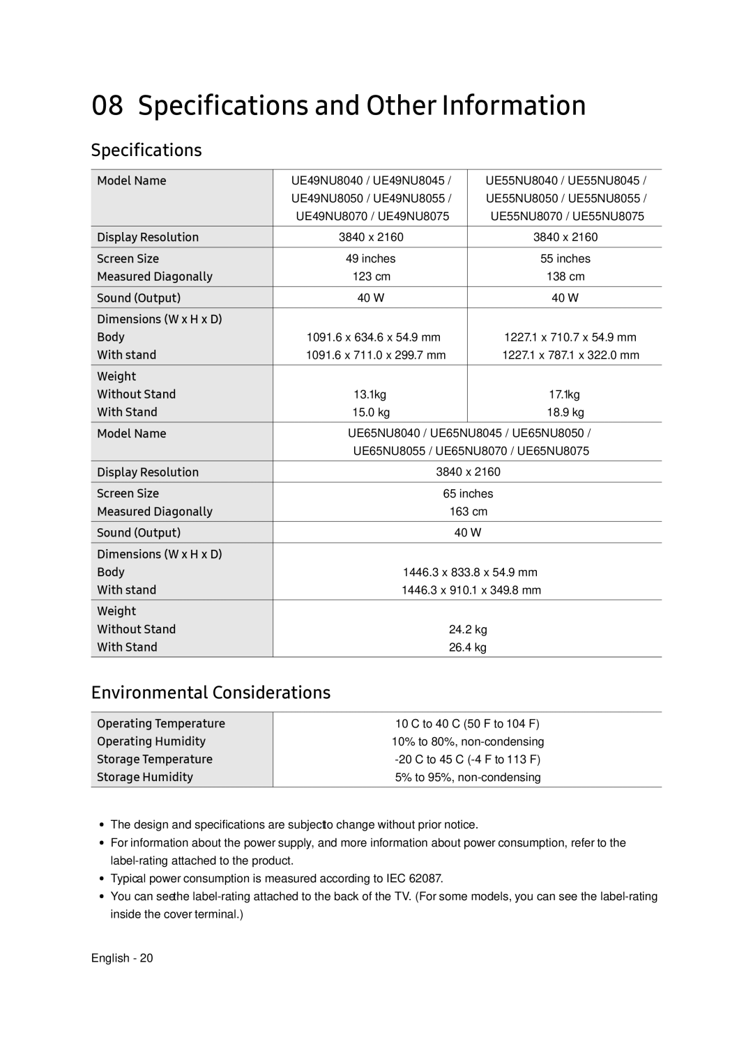 Samsung UE65NU8075TXXC, UE55NU8075TXXC, UE55NU8045TXXC Specifications and Other Information, Environmental Considerations 