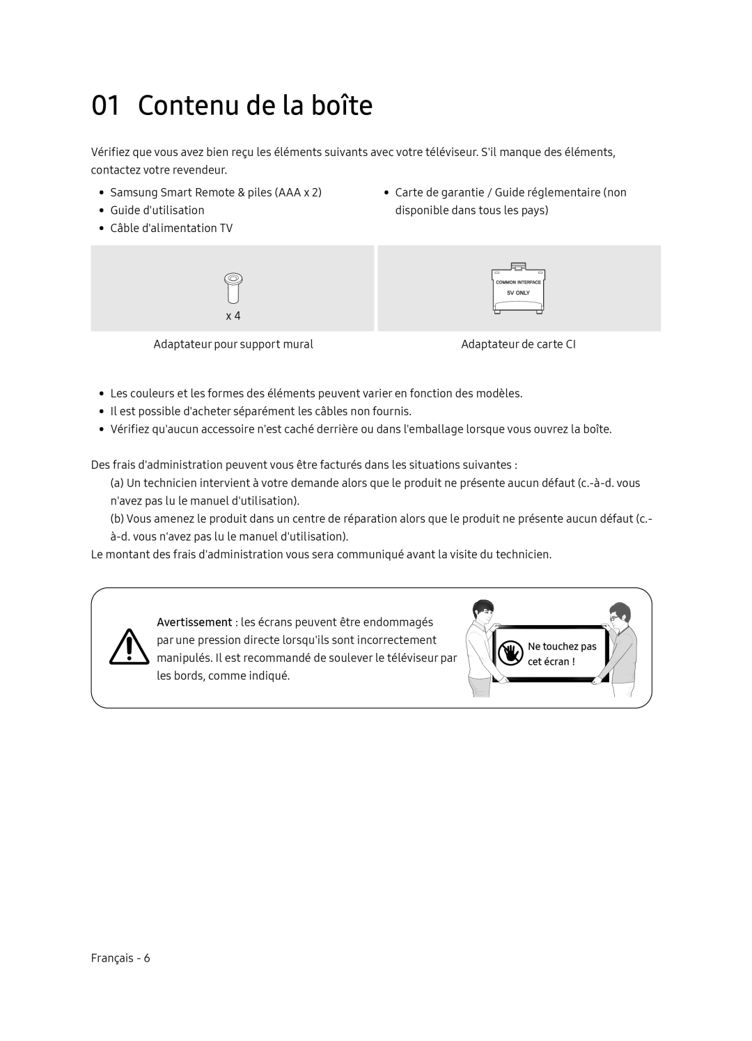 Samsung UE65NU8045TXXC, UE65NU8075TXXC, UE55NU8075TXXC, UE55NU8045TXXC, UE49NU8045TXXC manual Contenu de la boîte 