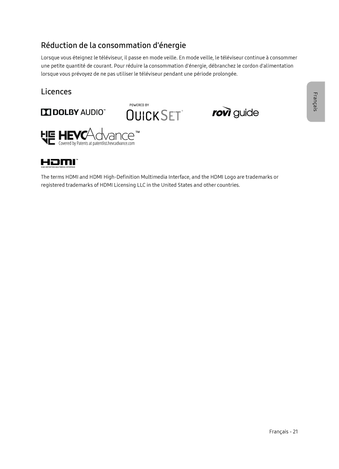 Samsung UE65NU8045TXXC, UE65NU8075TXXC, UE55NU8075TXXC, UE55NU8045TXXC manual Réduction de la consommation dénergie, Licences 