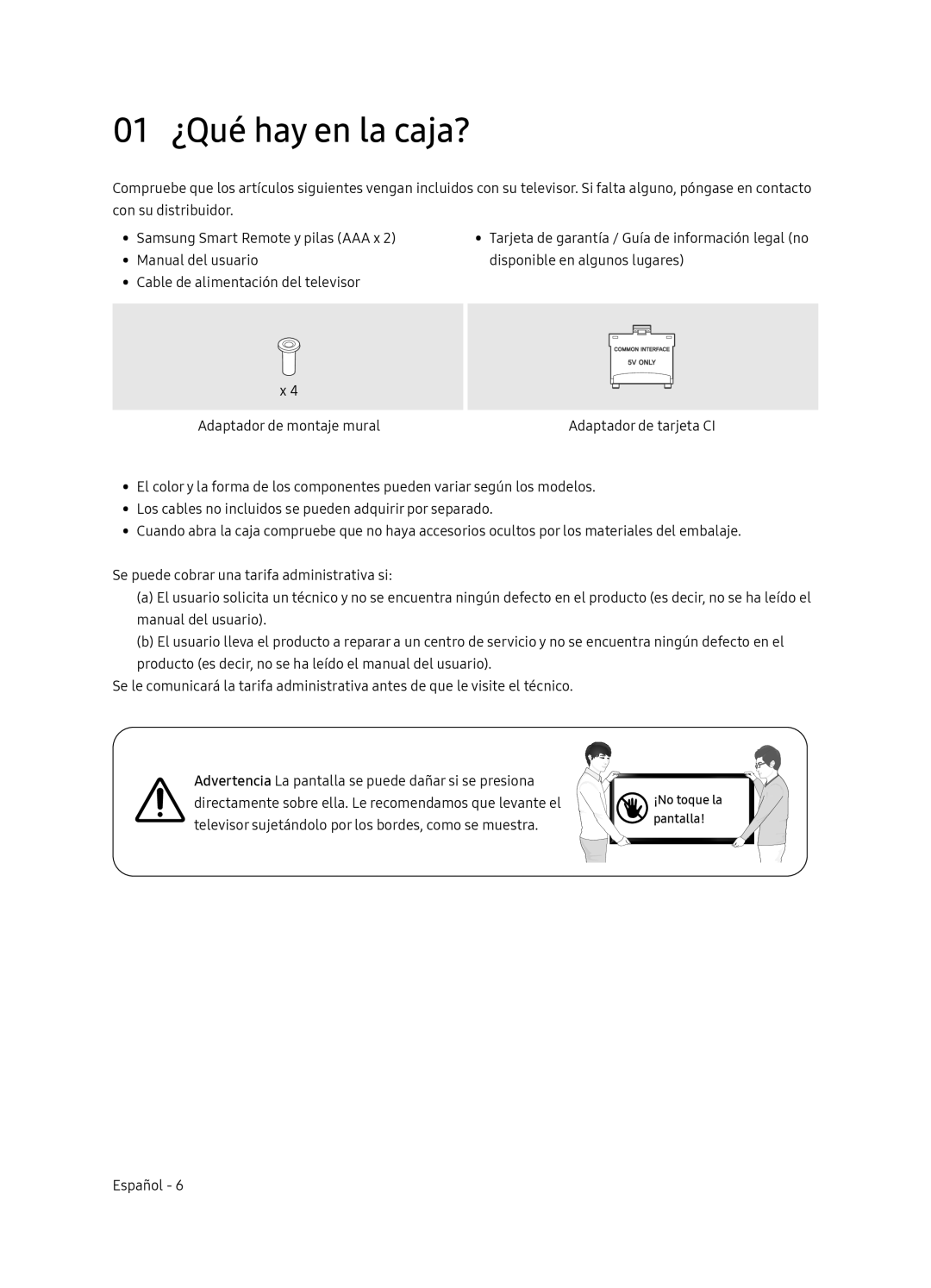 Samsung UE65NU8075TXXC, UE55NU8075TXXC, UE55NU8045TXXC, UE65NU8045TXXC, UE49NU8045TXXC manual 01 ¿Qué hay en la caja? 