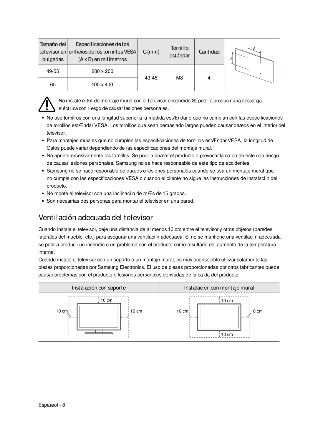 Samsung UE55NU8045TXXC Ventilación adecuada del televisor, Especificaciones de los Tornillo, Cantidad Estándar, Tamaño del 