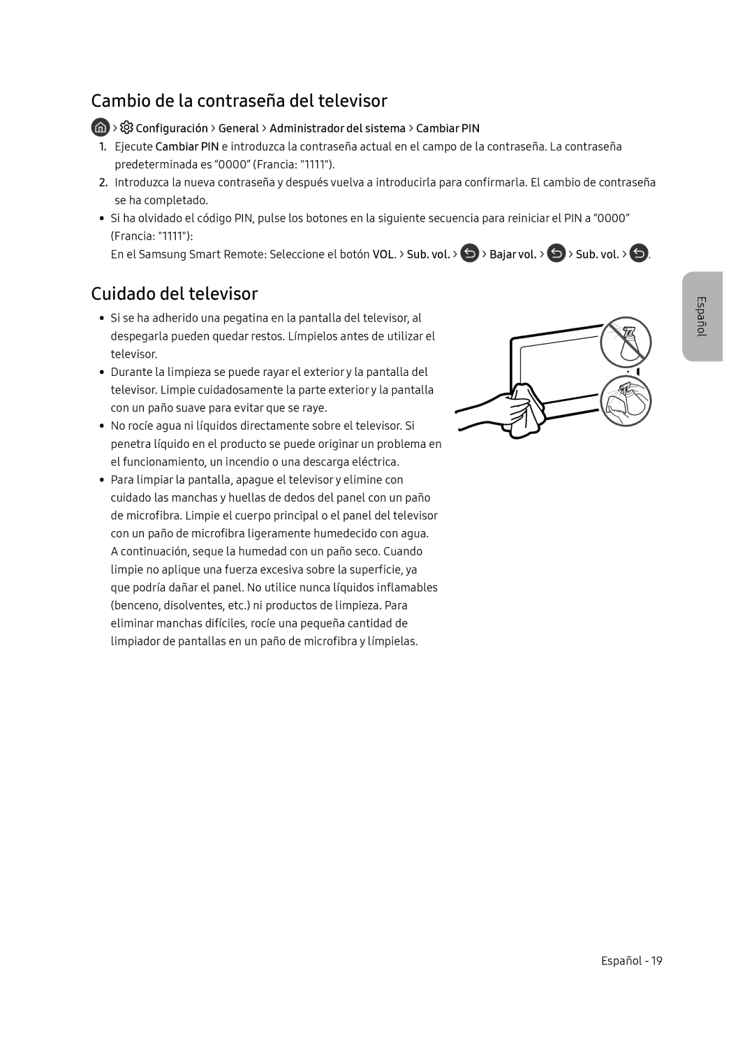 Samsung UE65NU8045TXXC, UE65NU8075TXXC, UE55NU8075TXXC manual Cambio de la contraseña del televisor, Cuidado del televisor 