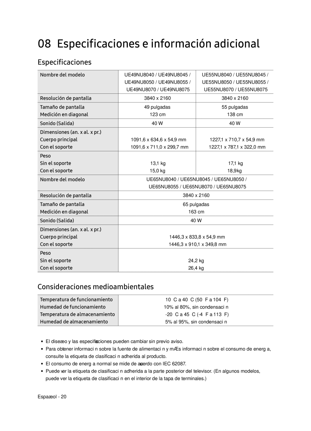 Samsung UE49NU8045TXXC, UE65NU8075TXXC manual Especificaciones e información adicional, Consideraciones medioambientales 