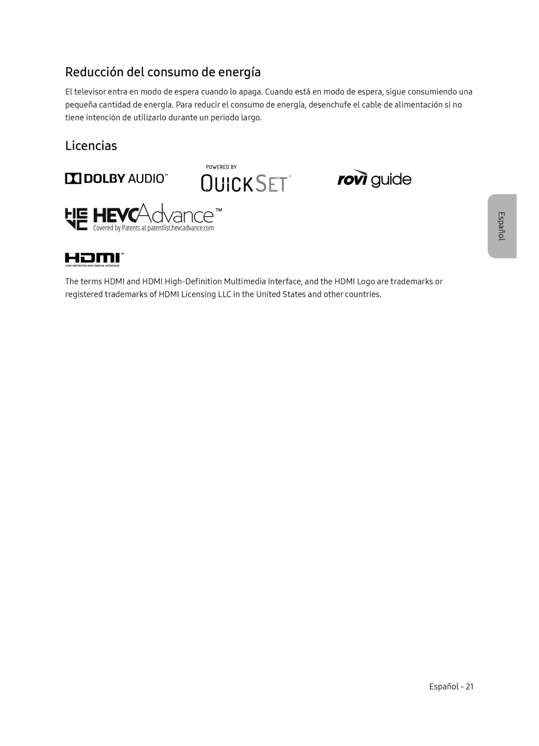 Samsung UE65NU8075TXXC, UE55NU8075TXXC, UE55NU8045TXXC, UE65NU8045TXXC manual Reducción del consumo de energía, Licencias 