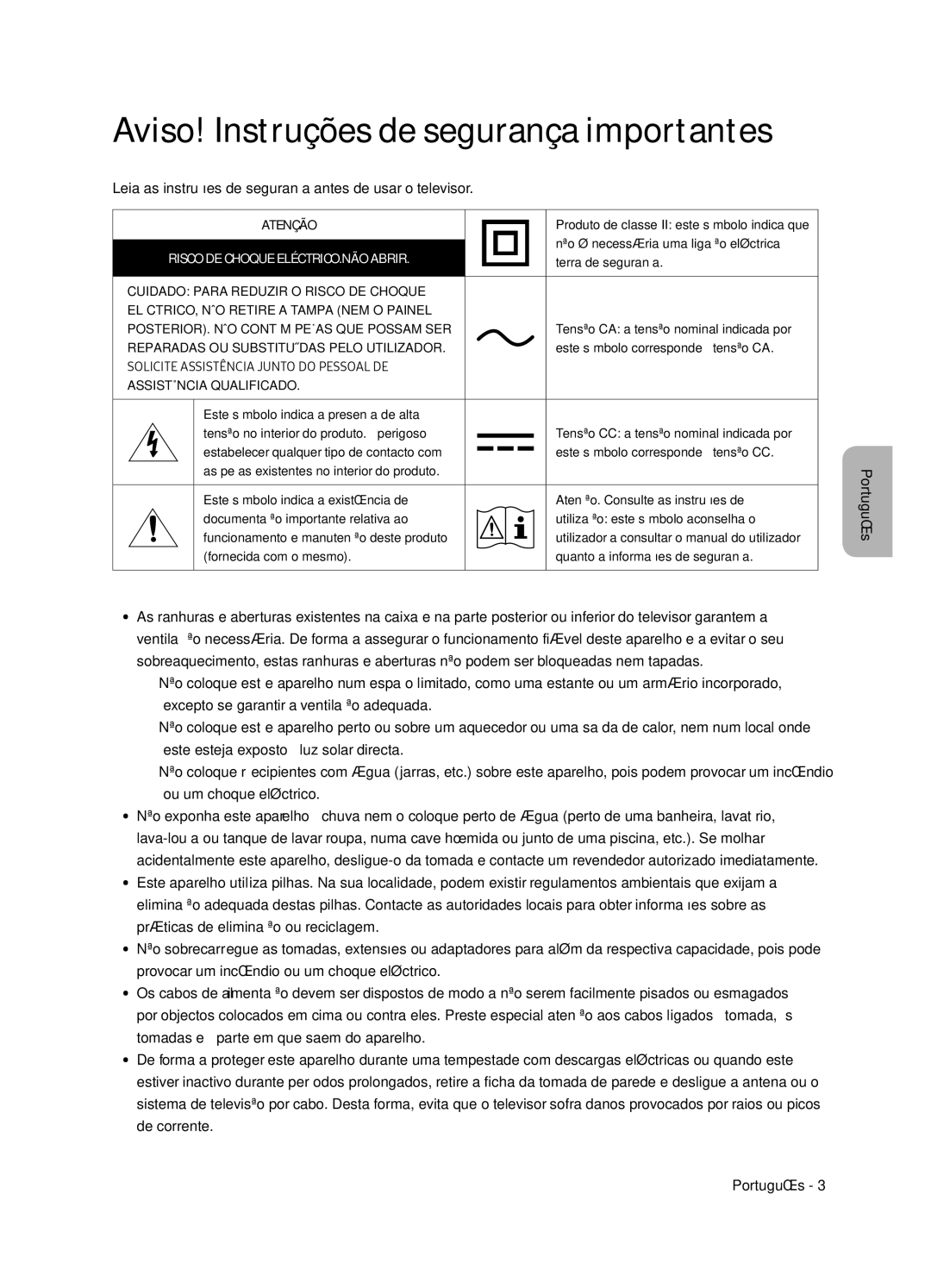 Samsung UE49NU8045TXXC, UE65NU8075TXXC, UE55NU8075TXXC, UE55NU8045TXXC manual Aviso! Instruções de segurança importantes 