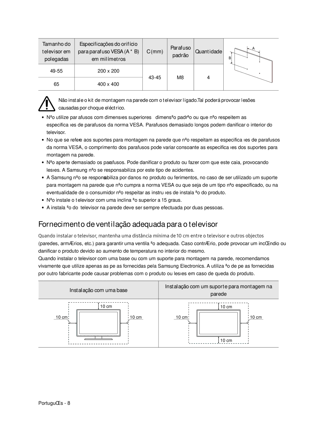 Samsung UE49NU8045TXXC Fornecimento de ventilação adequada para o televisor, Tamanho do, Parafuso Televisor em, Quantidade 