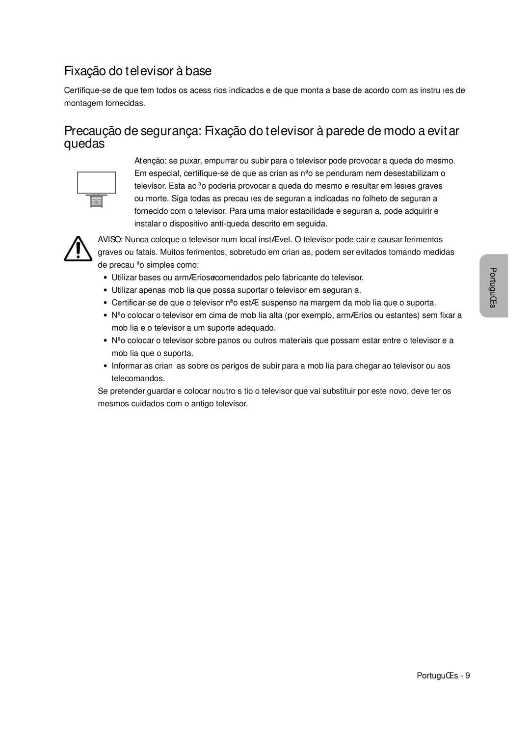 Samsung UE65NU8075TXXC, UE55NU8075TXXC, UE55NU8045TXXC, UE65NU8045TXXC, UE49NU8045TXXC manual Fixação do televisor à base 