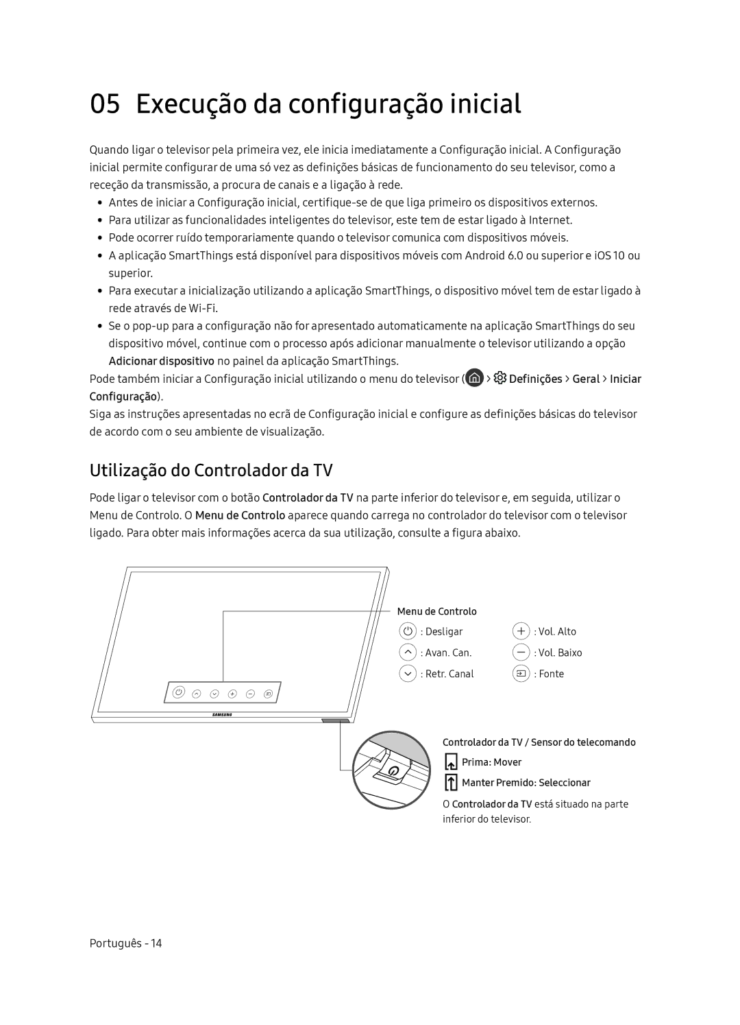 Samsung UE65NU8075TXXC, UE55NU8075TXXC, UE55NU8045TXXC Execução da configuração inicial, Utilização do Controlador da TV 