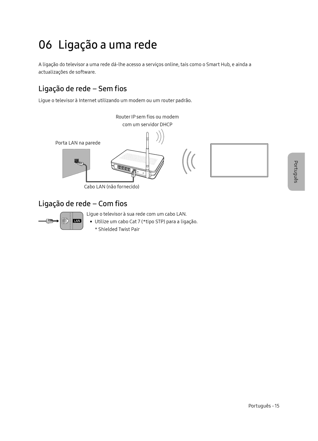 Samsung UE55NU8075TXXC, UE65NU8075TXXC manual Ligação a uma rede, Ligação de rede Sem fios, Ligação de rede Com fios 