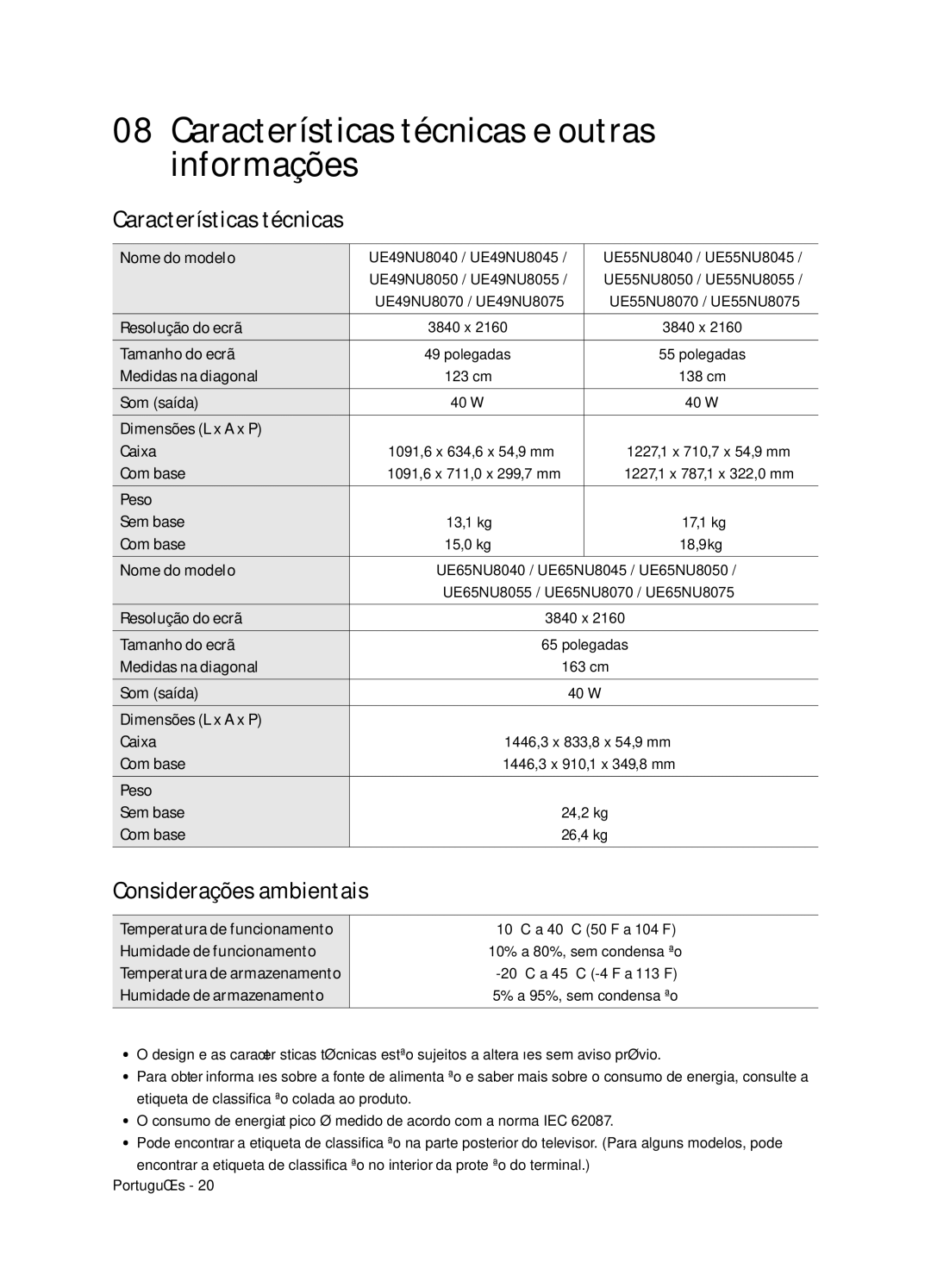 Samsung UE55NU8075TXXC, UE65NU8075TXXC manual Características técnicas e outras informações, Considerações ambientais 