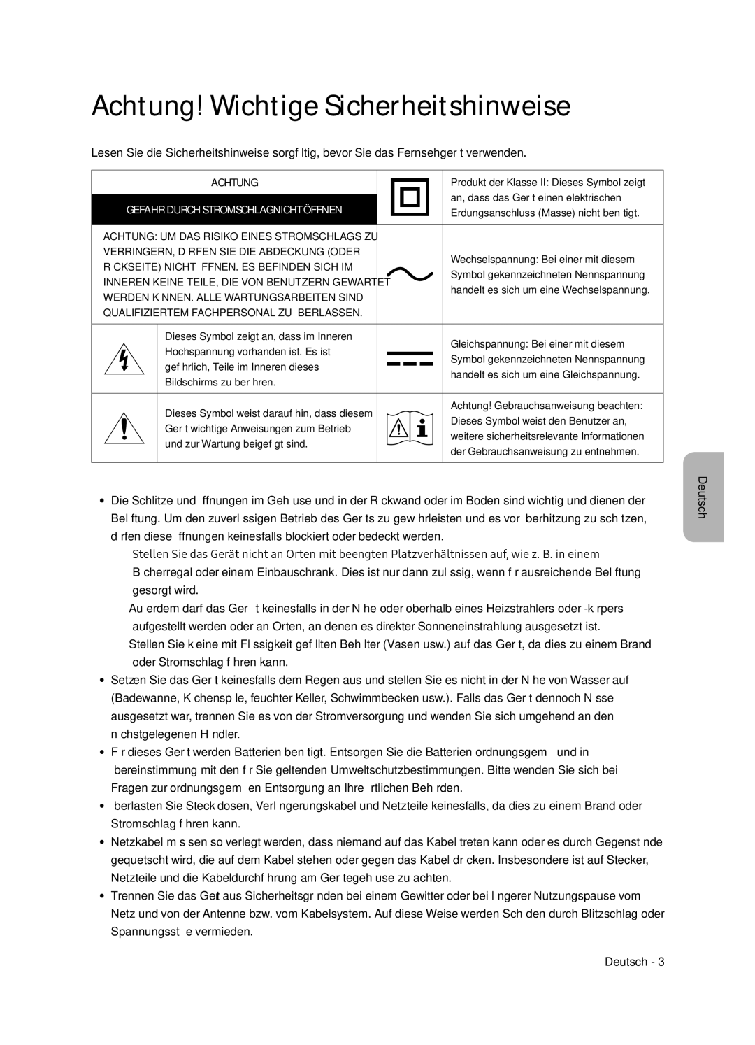 Samsung UE55NU8075TXXC, UE65NU8075TXXC manual Achtung! Wichtige Sicherheitshinweise, Gefahr Durch Stromschlagnicht Öffnen 