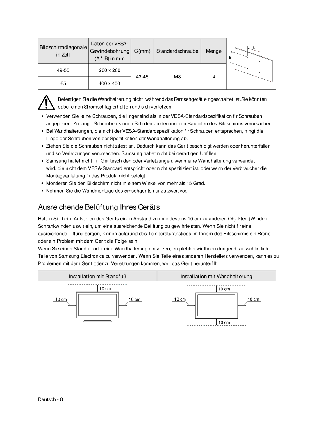 Samsung UE55NU8075TXXC, UE65NU8075TXXC Ausreichende Belüftung Ihres Geräts, Menge Zoll, Bildschirmdiagonale Daten der Vesa 