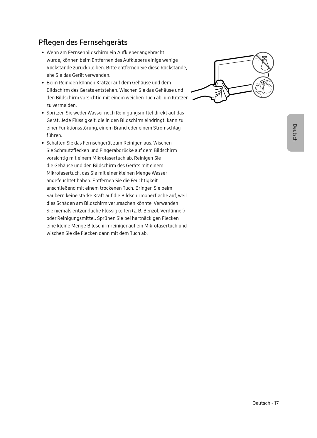 Samsung UE55NU8500LXXN, UE65NU8500LXXN manual Pflegen des Fernsehgeräts 