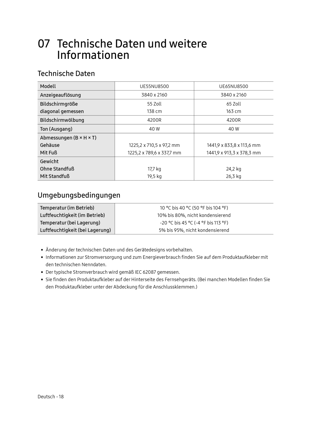 Samsung UE65NU8500LXXN, UE55NU8500LXXN manual Technische Daten und weitere Informationen, Umgebungsbedingungen 