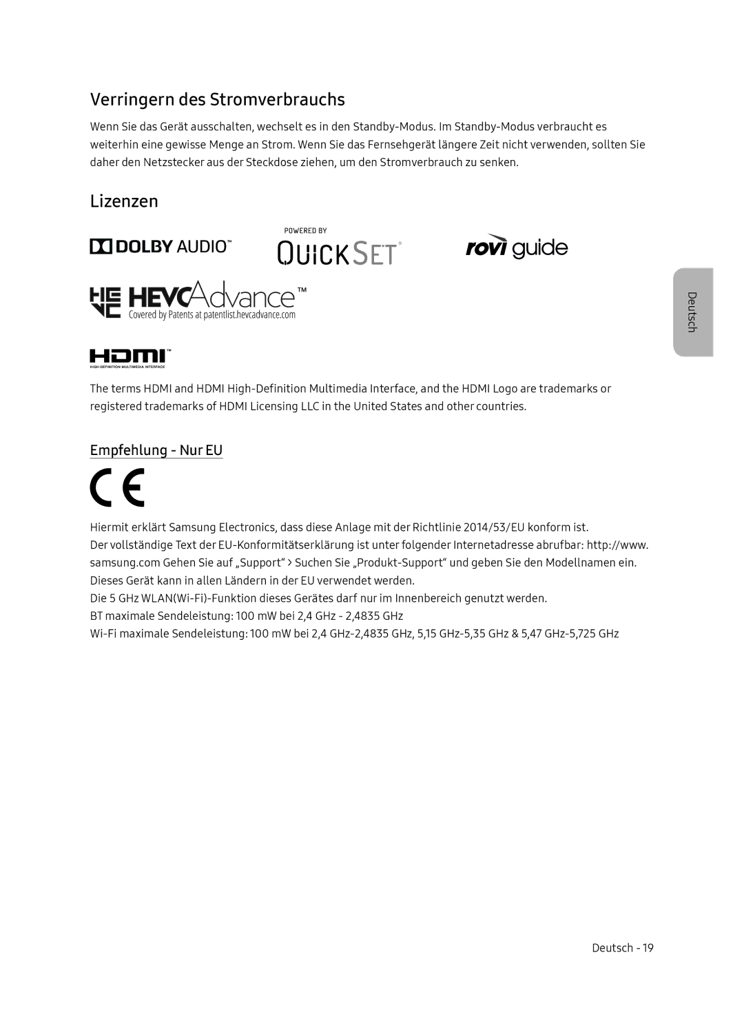 Samsung UE55NU8500LXXN, UE65NU8500LXXN manual Verringern des Stromverbrauchs, Lizenzen, Empfehlung Nur EU 