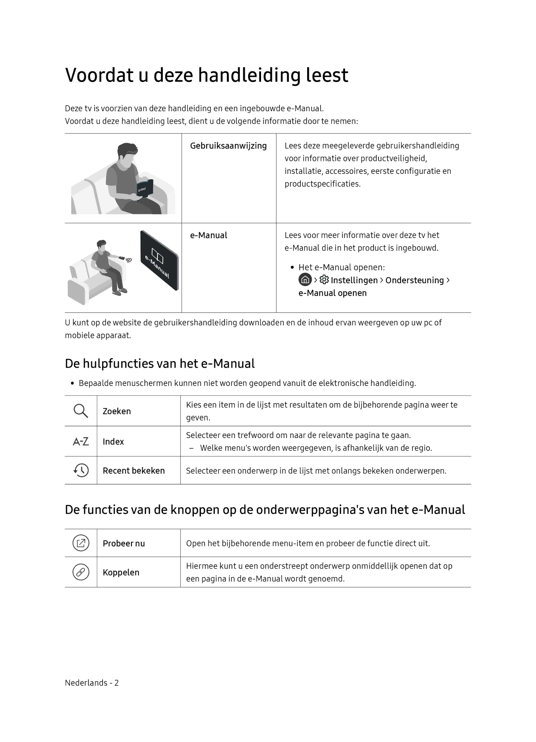 Samsung UE65NU8500LXXN, UE55NU8500LXXN manual Voordat u deze handleiding leest, De hulpfuncties van het e-Manual 